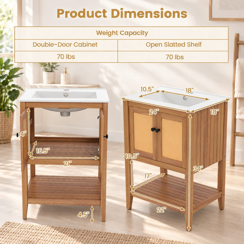 Airfind Bathroom Vanity with Ceramic Sink 2 Rattan Doors and Slatted Shelf, 70 lbs Capacity, Acacia Wood PE Rattan Ceramic Frame, White + Natural
