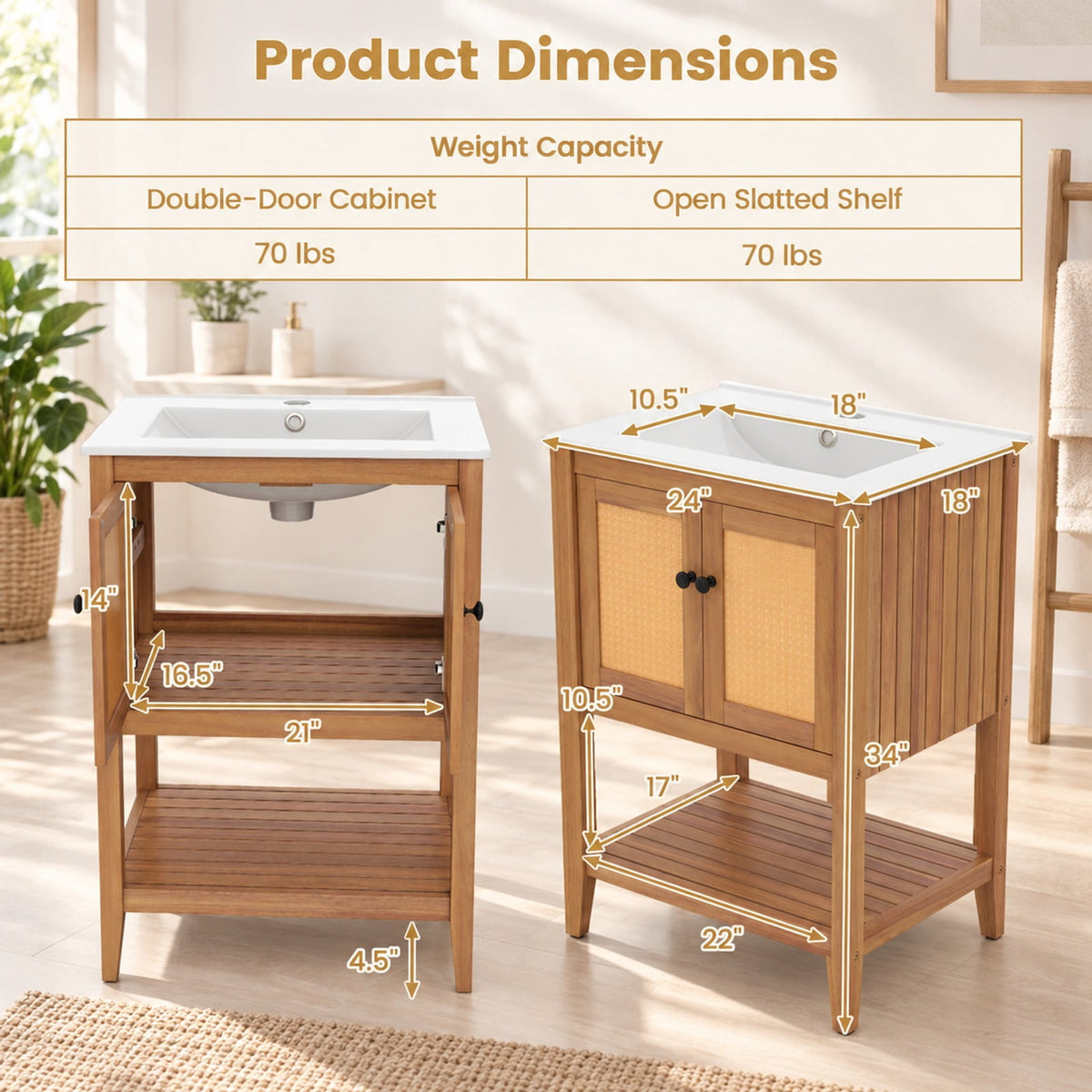 Airfind Bathroom Vanity with Ceramic Sink 2 Rattan Doors and Slatted Shelf, 70 lbs Capacity, Acacia Wood PE Rattan Ceramic Frame, White + Natural