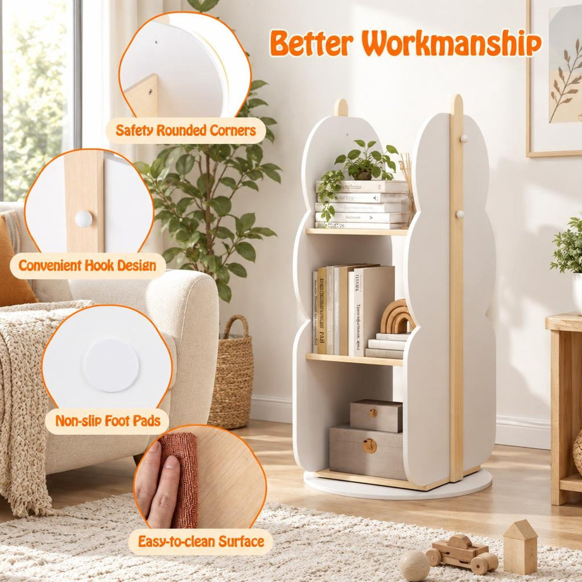 Airfind 360° Kids Rotating Bookshelf Toy Storage Organizer with 5 Shelves, Engineered Board Frame, White