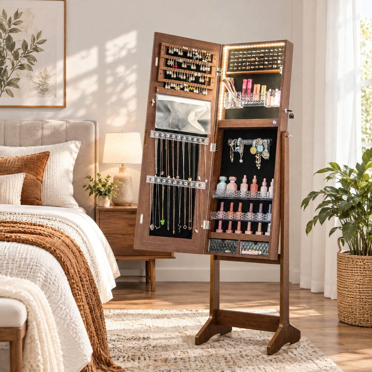 Airfind Lockable Jewelry Armoire Standing Cabinet with Lighted Full-Length Mirror, MDF Glass Acrylic Frame, 16 x 15 x 59.5 External Footprint