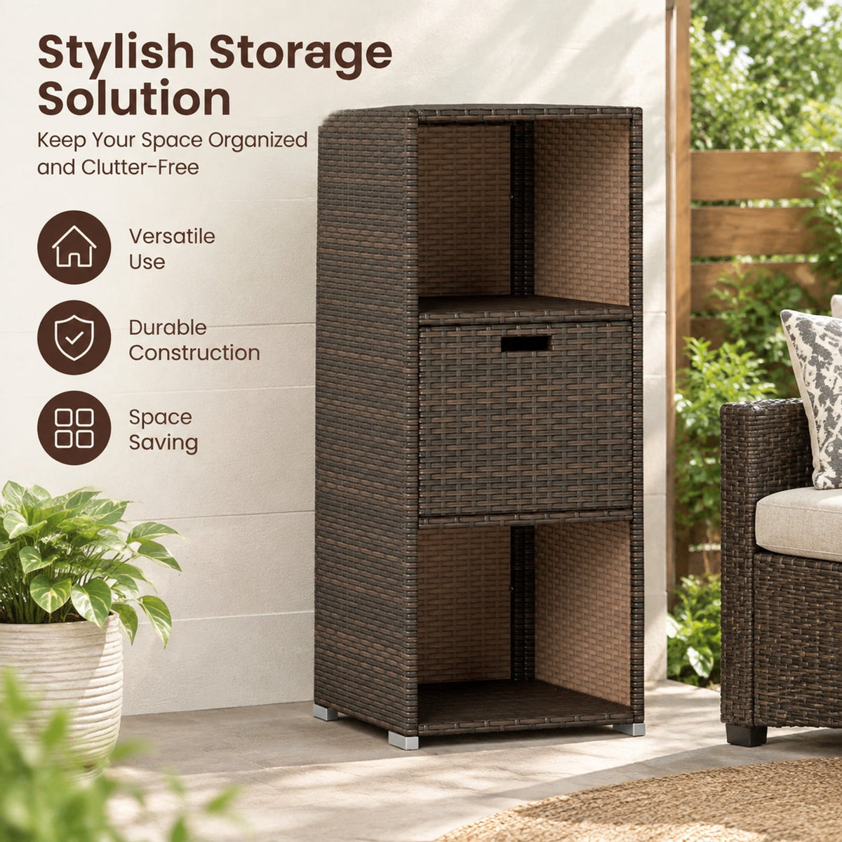 Airfind Outdoor Storage Cabinet Patio Wicker Organizer with Drawer, PE Rattan Metal Frame, 19.5 x 19.8 x 43 Footprint, Brown