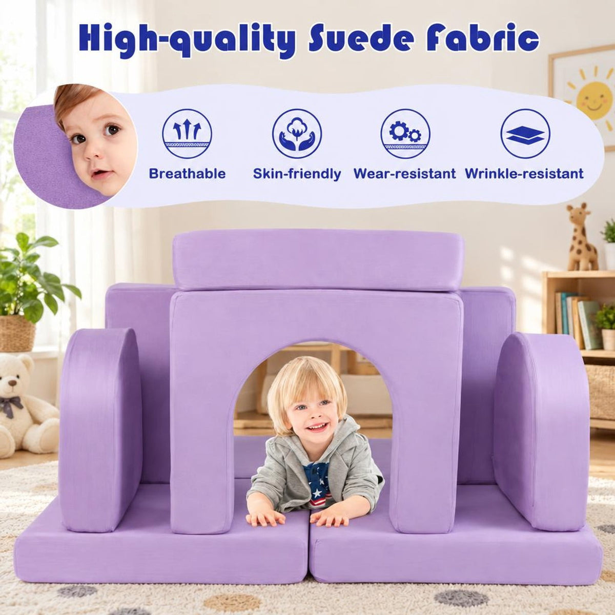 AIRFIND Kids Play Couch 8-Piece Modular Foam Sofa with Cushions, Arches and Half Moons, Removable Washable Suede Fabric Covers, Purple