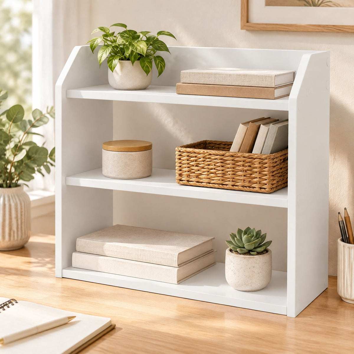 Airfind 3-Tier Desktop Bookshelf Wooden Countertop Bookcase with Raised Top Guardrails, 33 lbs Capacity, Engineered Wood Frame, White