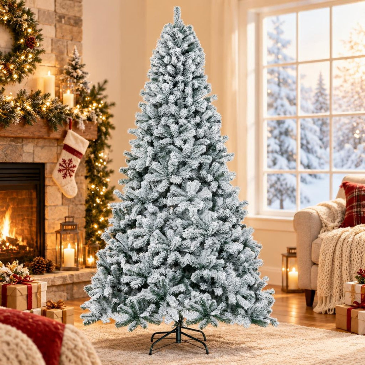 Airfind Snow-flocked Artificial Christmas Tree 9 Ft featuring Hinged PVC Branches and Metal Stand for Indoor Holiday Decor, White