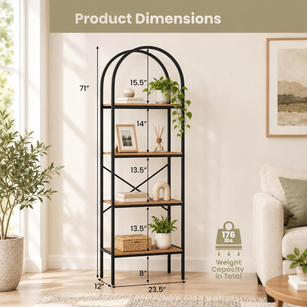 Airfind 71 Inch Tall Arched Bookcase 4-Tier with Storage Shelves and Metal Frame for Home Office-Brown and Black, 44 lbs Capacity, Metal Frame, Brown