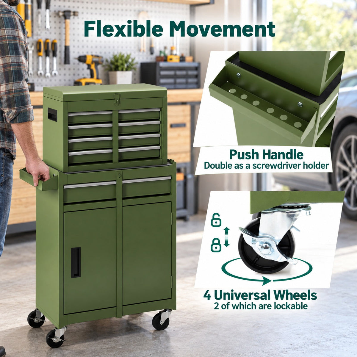 Airfind 2-in-1 Rolling Tool Chest with 5 Sliding Lockable Drawers, 220.5 lbs Capacity, Steel rubber-plastic synthetic Frame, Green