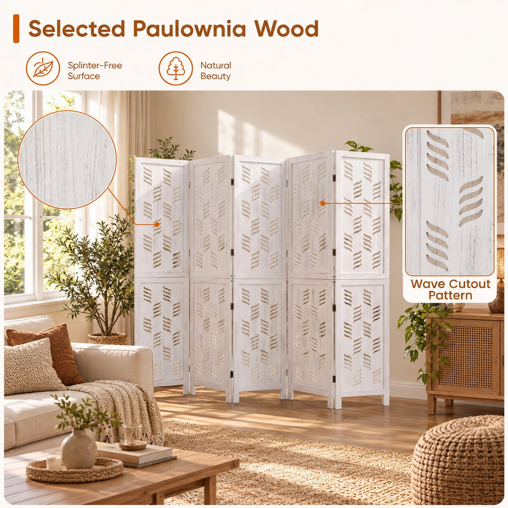 Airfind 5.5 FT Tall Room Divider 6 Panels with Wave Cutout and Paulownia Frame for Room, Paulownia Wood Metal Frame, 95in x 67in Footprint, White