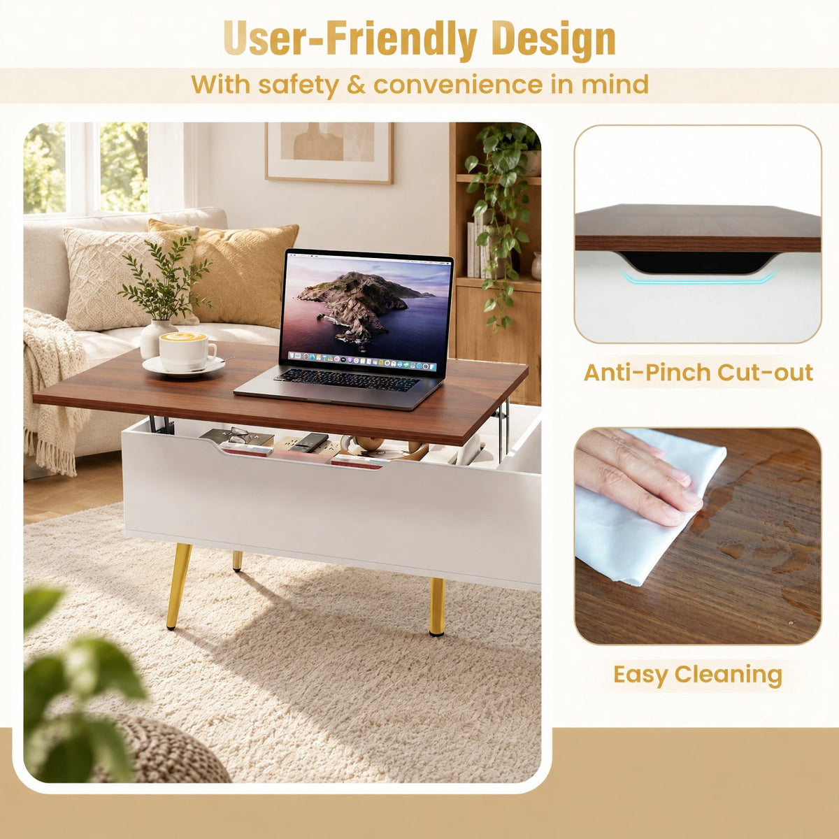 Airfind 47 Inch Lift Top Coffee Table with 2 Hidden Compartments, P2 Engineered Wood Solid Wood Steel Frame, Walnut