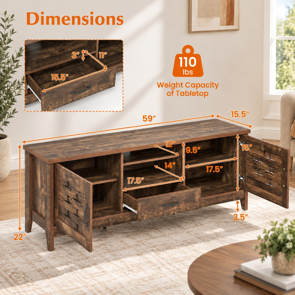 Airfind TV Stand, Farmhouse, for 65 Inch TVs with 2 Woven Accent Doors and 3 Adjustable Shelves, 110 lbs Capacity, Engineered Wood MDF Frame, Brown