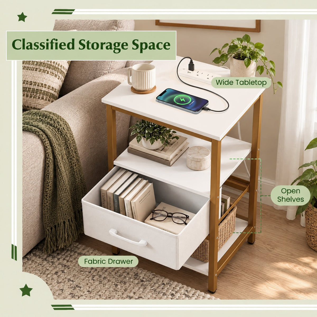 Airfind Nightstand with Charging Station and Adjustable Fabric Drawer for Bedroom and Living Room-Set of 2, 44 lbs Capacity, White and Gold