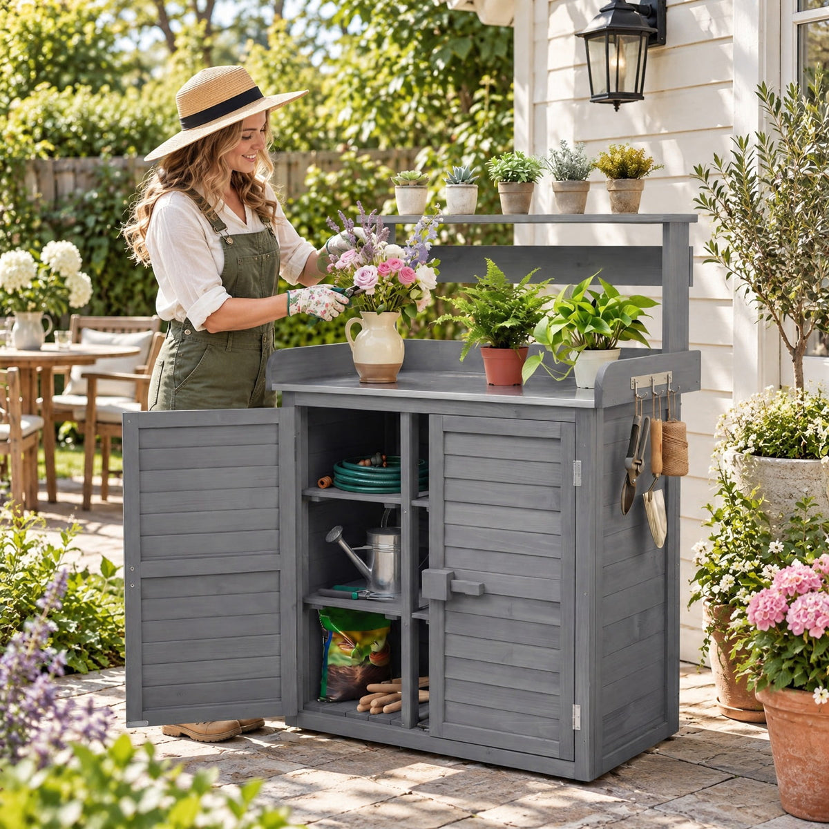 Airfind Wood Plant Workstation with Stainless Steel Tabletop and Removable Shelves, 110 lbs Storage Shelf Capacity, Fir Wood Stainless Steel Frame