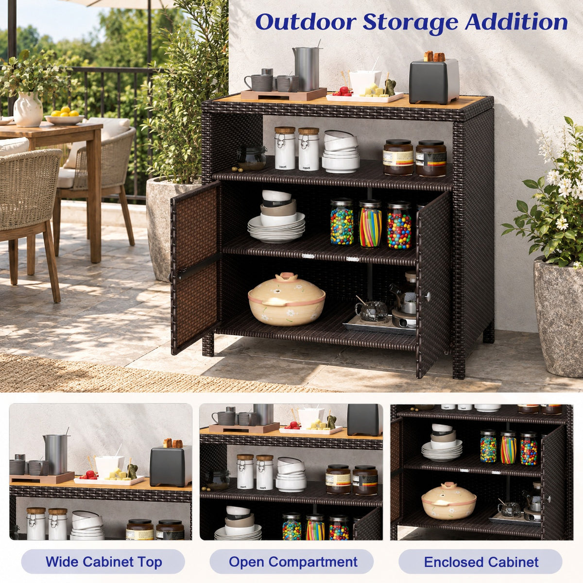 Airfind Rattan Storage Cabinet with Acacia Wood Countertop for Poolside Deck and Patio, 100 lbs Capacity, PE Rattan Acacia Wood Metal Frame, Brown