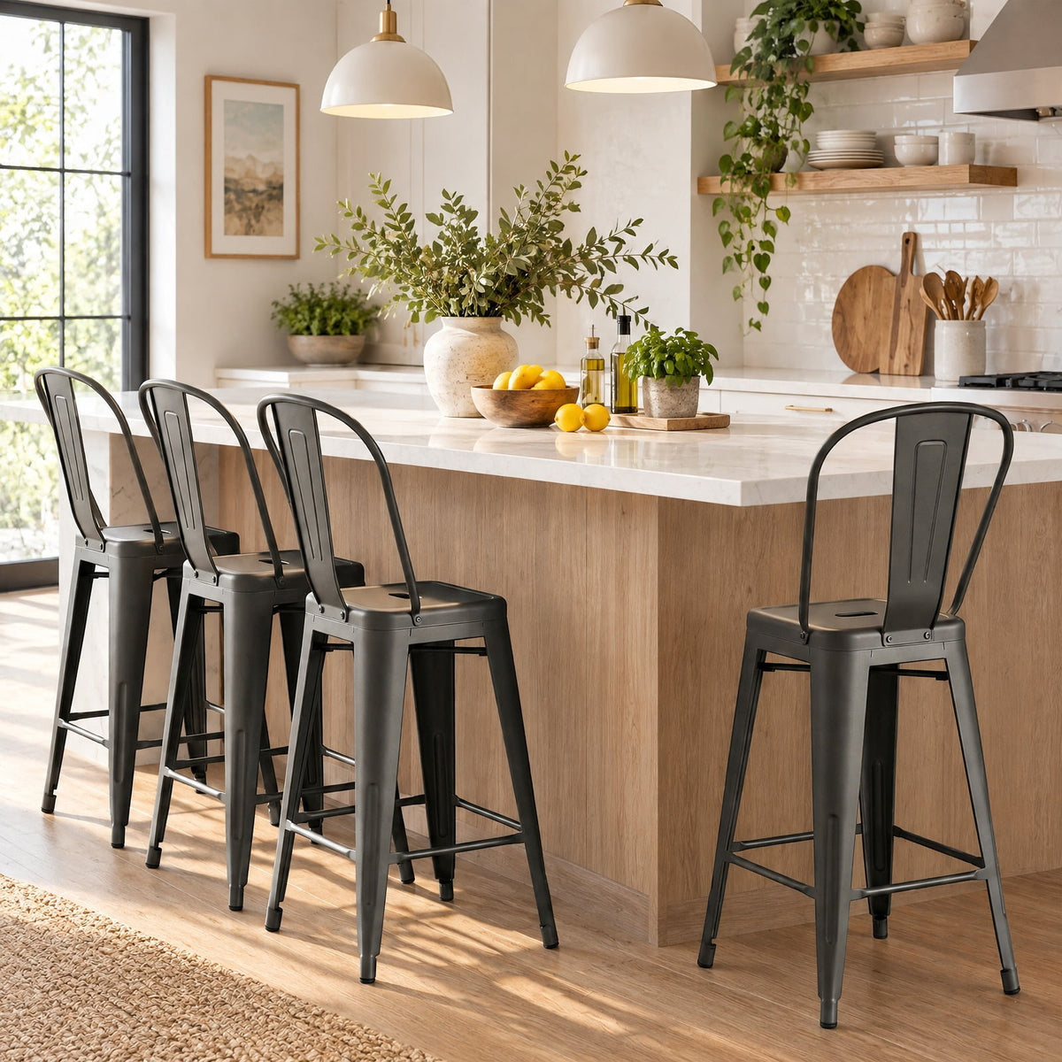 Airfind Set of 4 Metal Bar Stools with Backrests and Footrests, 350 Lbs Capacity, Metal, 18 Inch X 17.5 Inch X 40.5 Inch for Convenient Everyday Use, Gun Metal