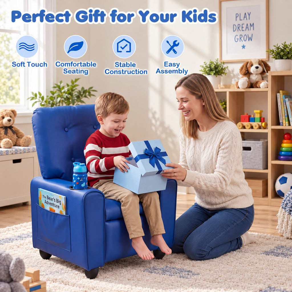 Airfind Youth Recliner Chair with Cup Holder, Side Pocket and Push-back Footrest, PU Upholstery, 24 x 21 x 30 in for Everyday Use, Blue