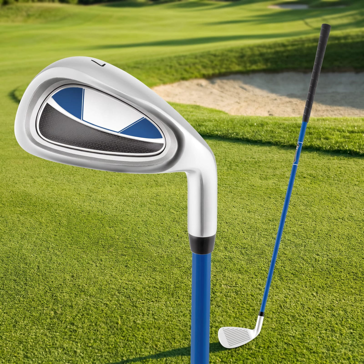 Airfind Junior Number 7 Iron for Kids Ages 11 to 14 with Lightweight Fiberglass Shaft and Rubber Grip and Matching Headcover, Blue