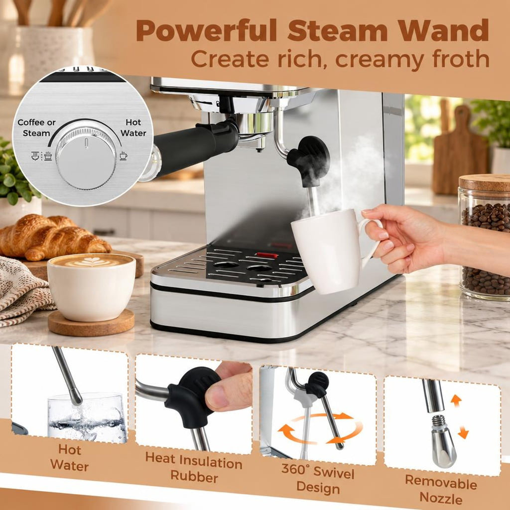 Airfind Espresso Machine 20 Bar Compact Stainless Steel Coffee Maker with Milk Frother, PP ABS Stainless Steel for Convenient Everyday Use, Silver