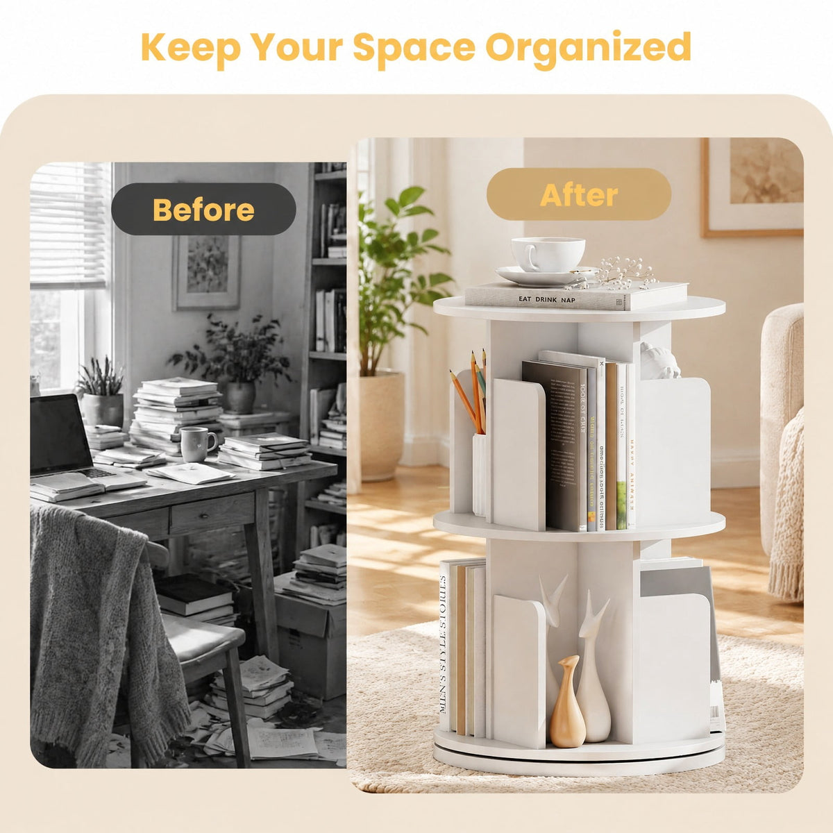 Airfind Bookshelf, 2-Tier Rotating, with Dividers and Anti-falling Baffles, 145 lbs Capacity, Engineered Wood Frame, White
