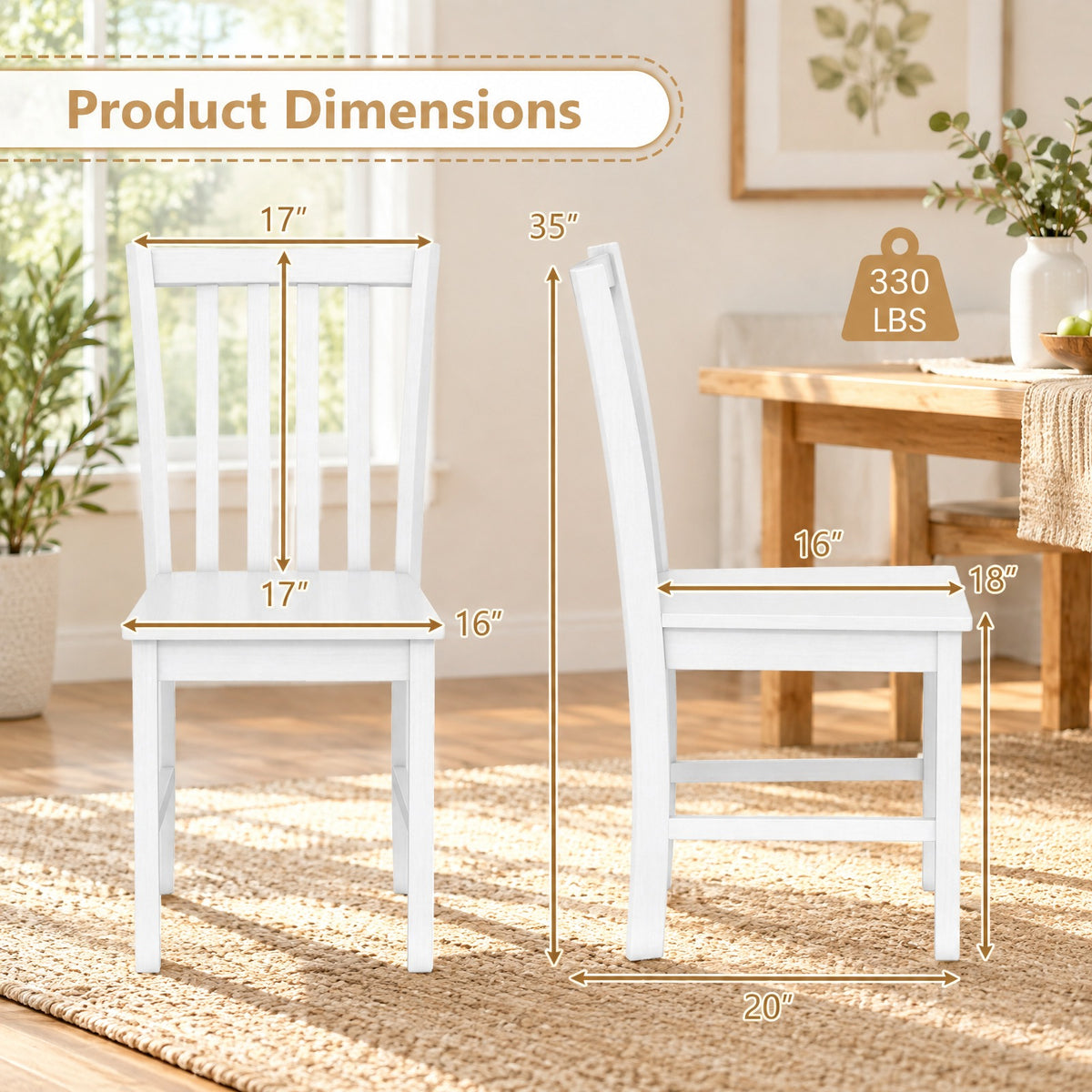 Airfind Rustic Dining Chairs Set of 2 Wooden Kitchen Chairs with Slat Tilt Backrest, Chair 330 lbs Capacity, Rubber Wood Frame, White