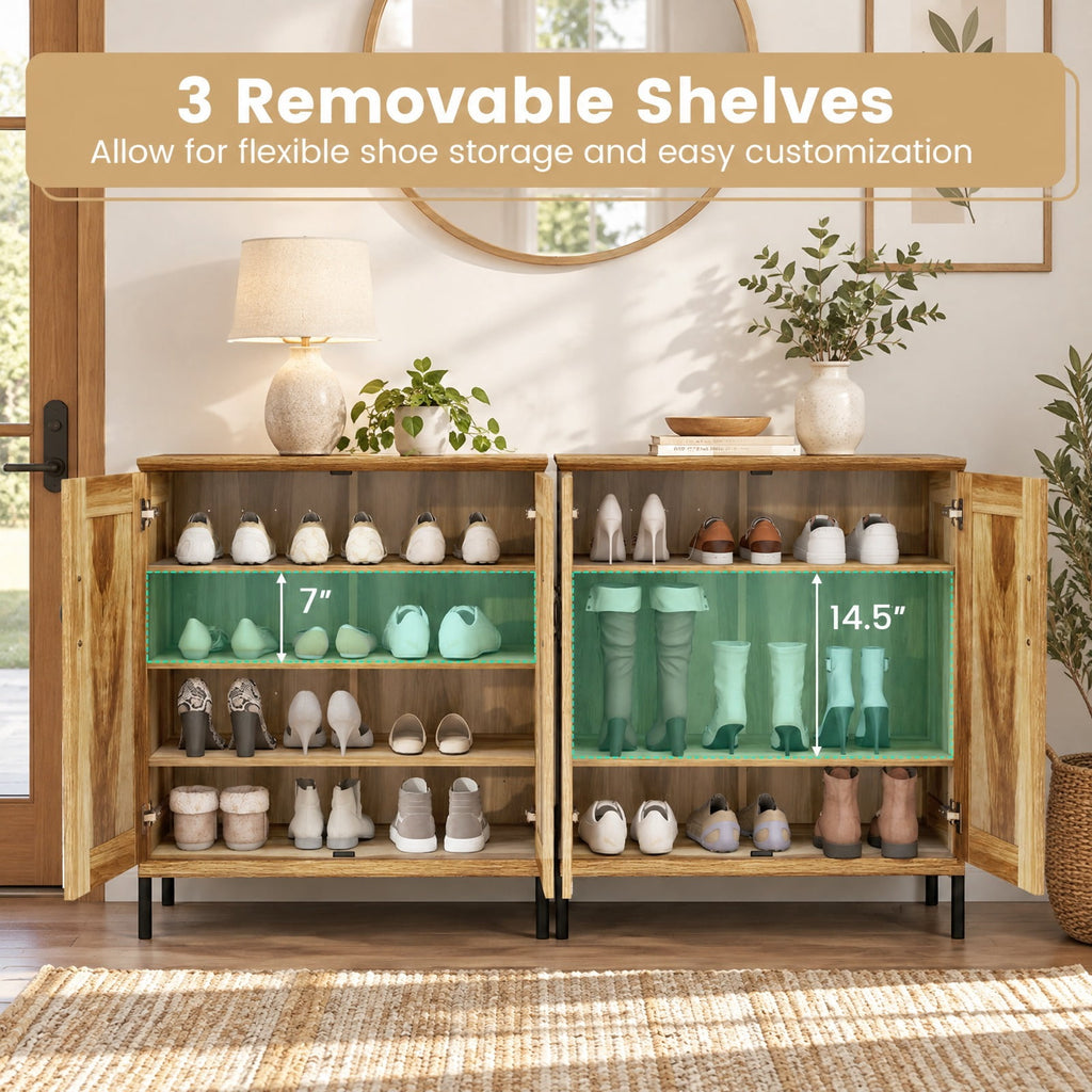 Airfind 5-Tier Wooden Farmhouse Shoe Cabinet with Woven Rattan Doors, 110 lbs Capacity, Engineered Wood MDF Metal PVC Frame, Natural