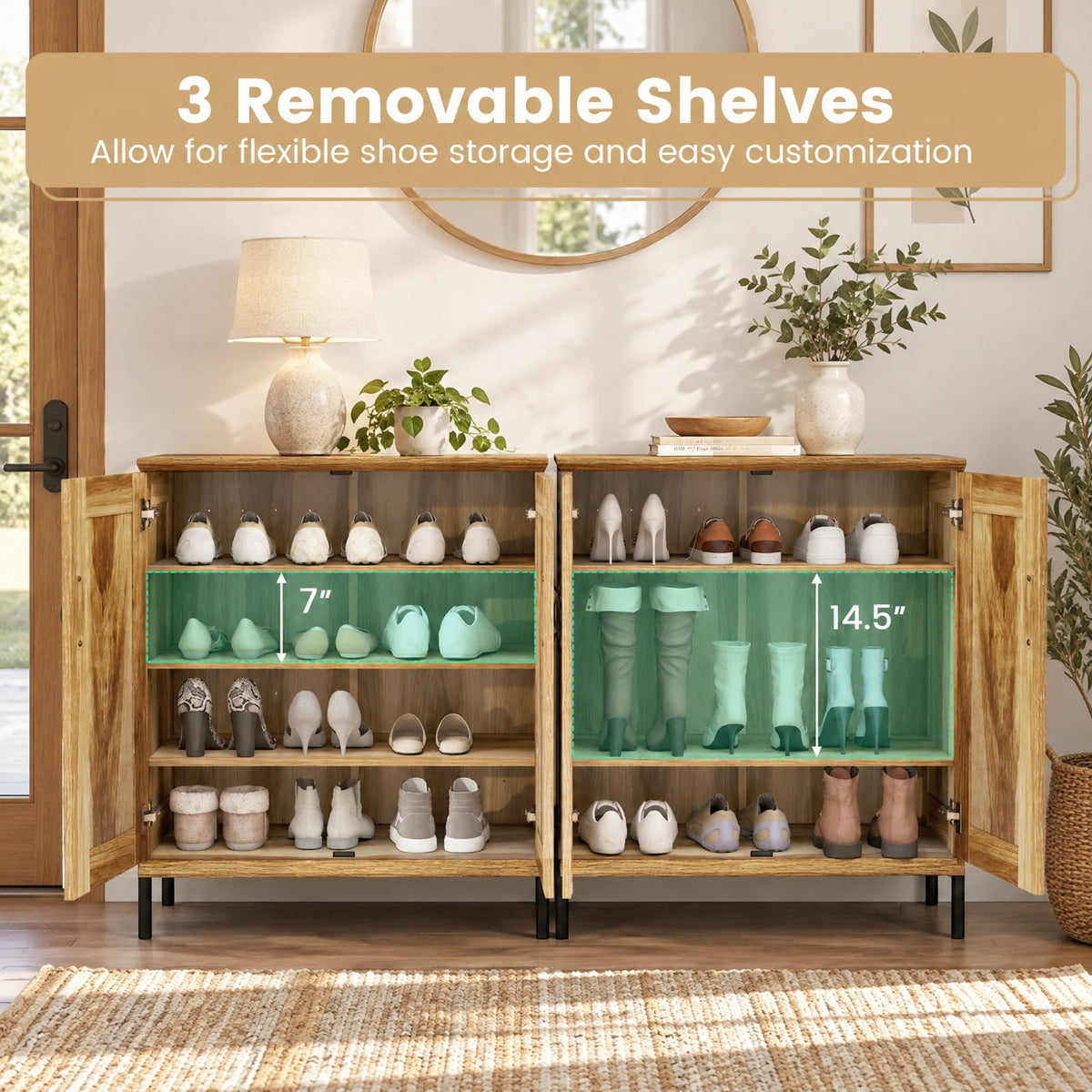 Airfind 5-Tier Wooden Farmhouse Shoe Cabinet with Woven Rattan Doors, 110 lbs Capacity, Engineered Wood MDF Metal PVC Frame, Natural