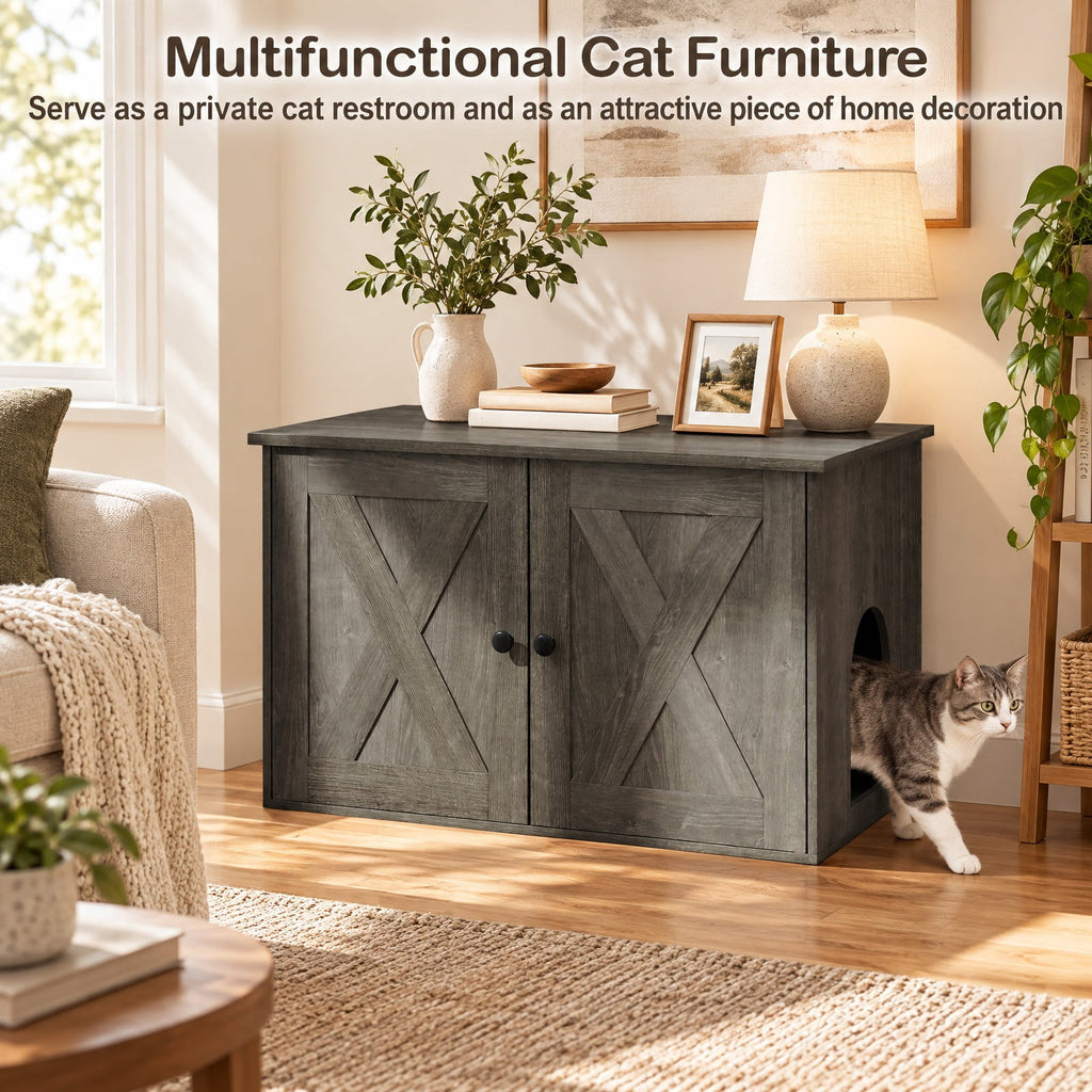 Airfind Hidden Cat Litter Box Enclosure Furniture with Divider, Oak, Large tabletop for plants decorations or storage, Oak/White, for Easy Setup