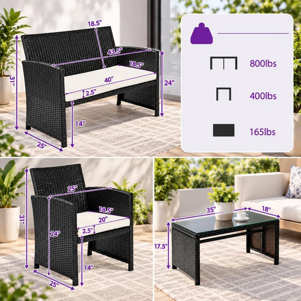Airfind 4 Pieces Patio Rattan Cushioned Furniture Set with Coffee Table, Rattan Frame, 43.5 x 25 x 31 Footprint, White