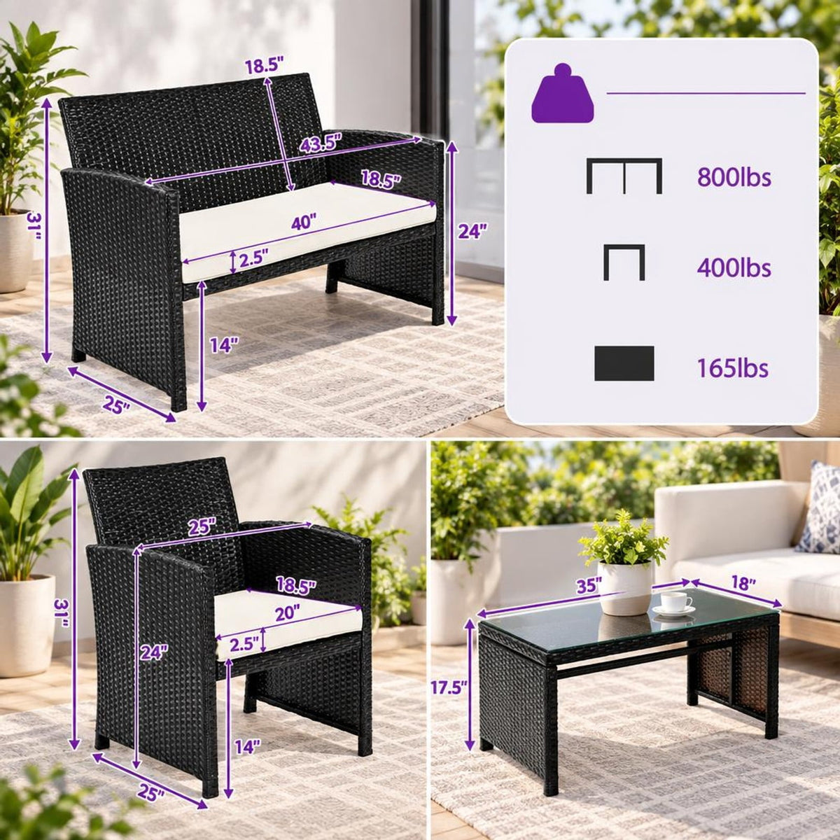 Airfind 4 Pieces Patio Rattan Cushioned Furniture Set with Coffee Table, Rattan Frame, 43.5 x 25 x 31 Footprint, White