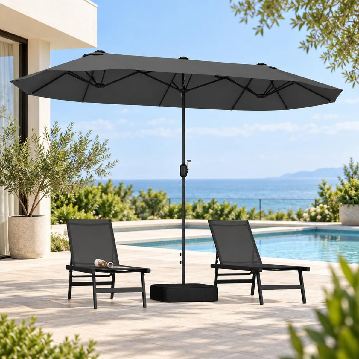 Airfind 13 Feet Double-Sided Patio Twin Table Umbrella with Crank Handle, Metal 180g Yarn Dyed Fabric PA Coating Frame, Gray
