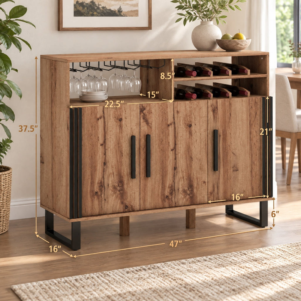 Airfind Home Wine Bar Cabinet with 3 Doors and Adjustable Shelves, 110 lbs Capacity, Engineered Wood MDF Frame, 47in x 16in x 37.5in Footprint, Brown