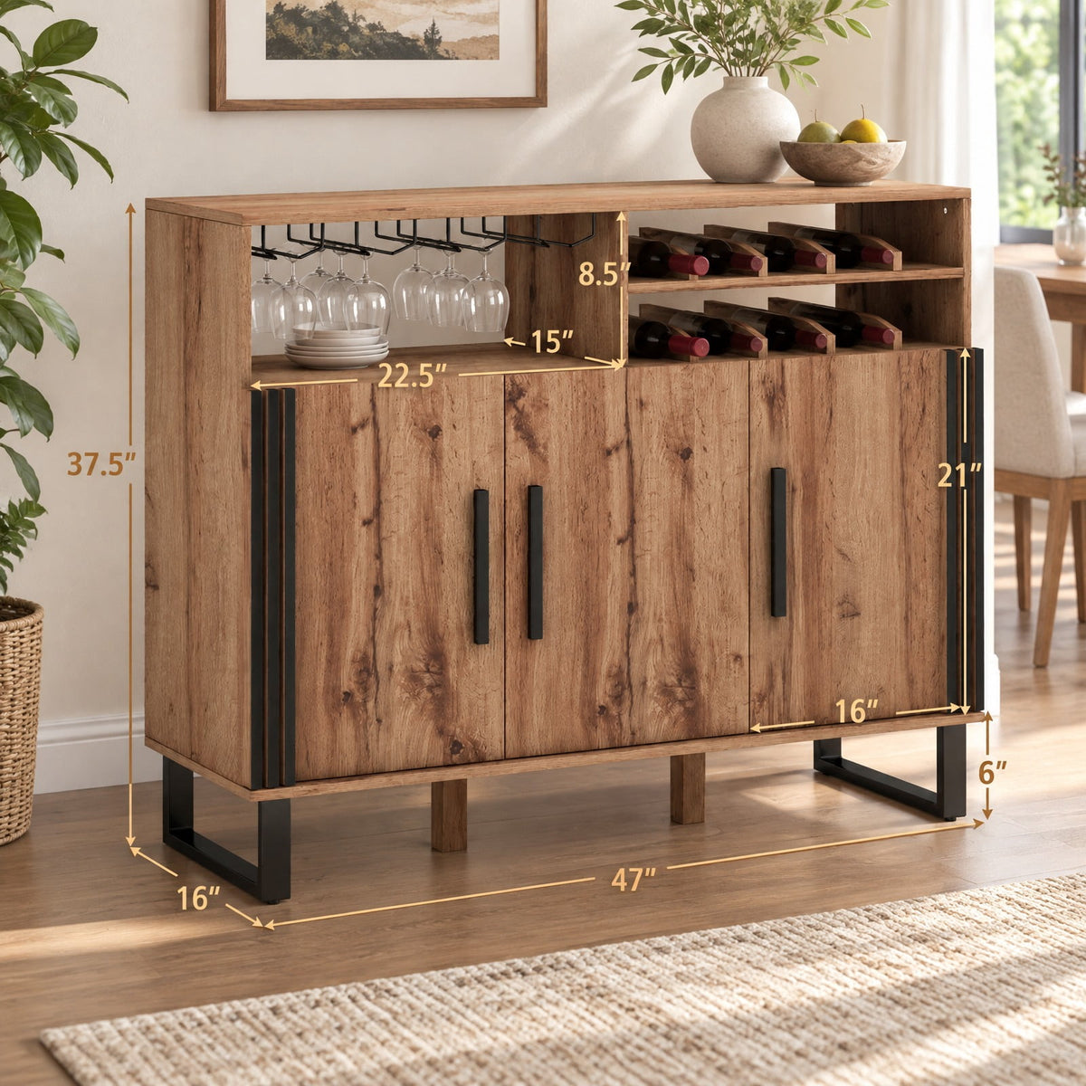 Airfind Home Wine Bar Cabinet with 3 Doors and Adjustable Shelves, 110 lbs Capacity, Engineered Wood MDF Frame, 47in x 16in x 37.5in Footprint, Brown