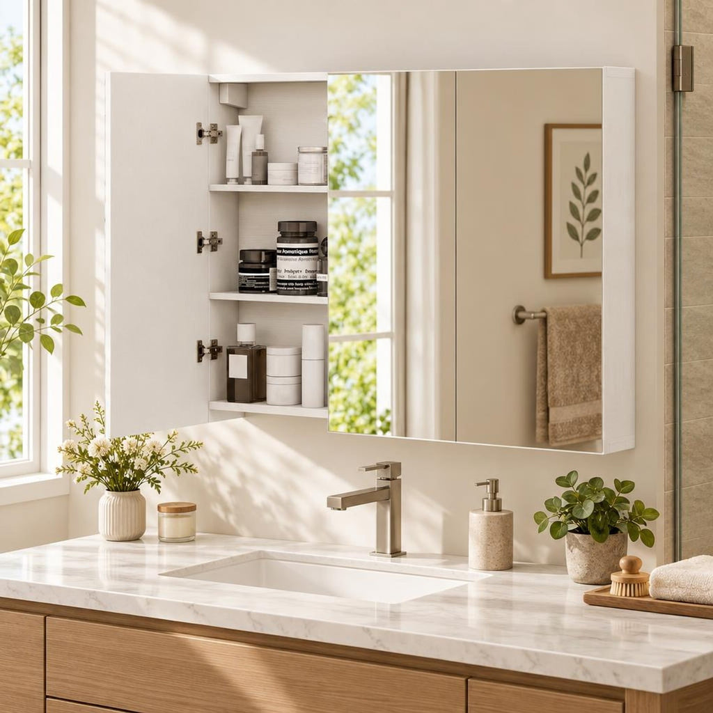 Airfind Frameless Bathroom Wall Mounted Mirror Cabinet with 3 Doors, Engineered Wood Glass Frame, 34.5 Inch x 5 Inch x 25.5 Inch (L x W x H). Footprint, White