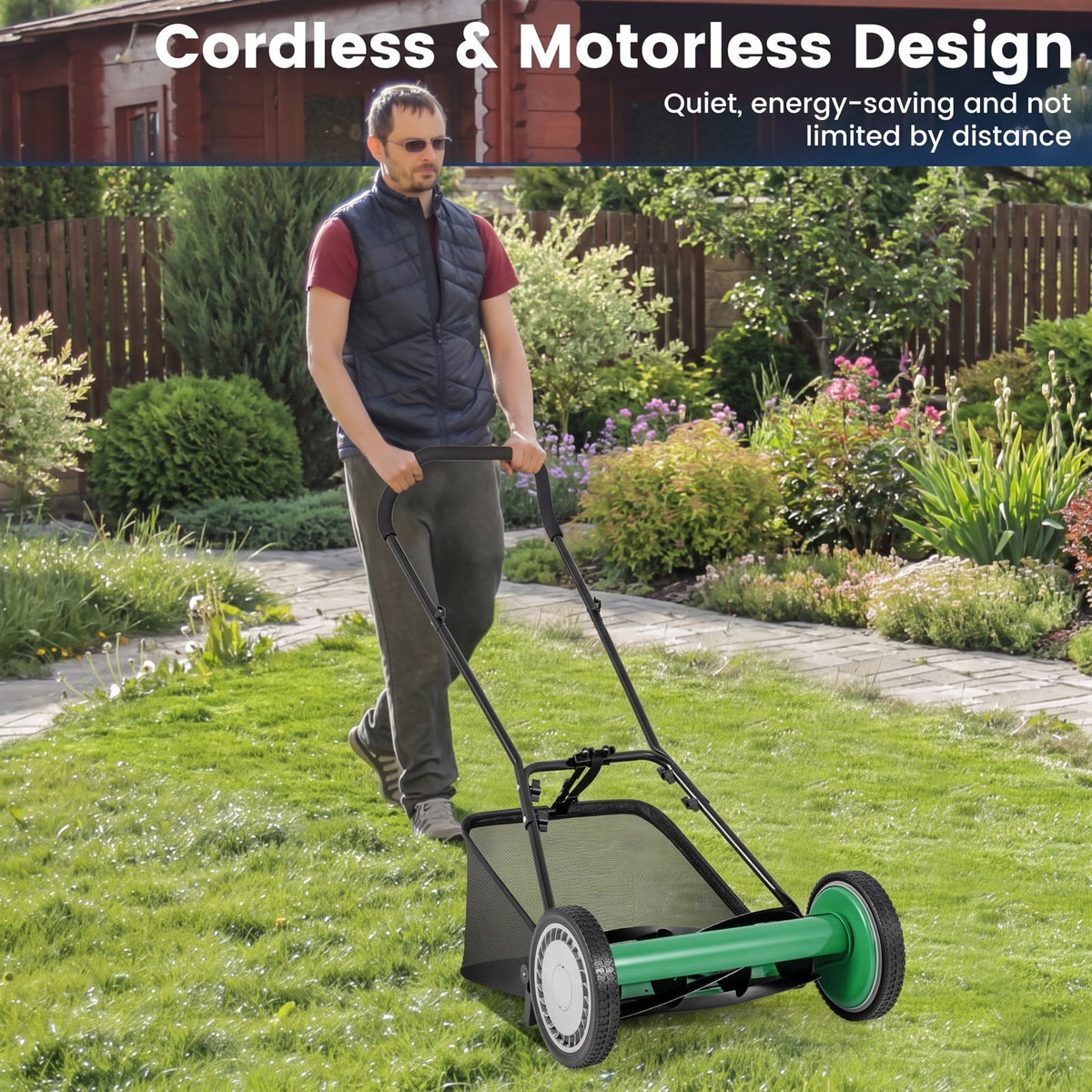 Airfind 16 Inch Push Lawn Mower with 5 Steel Blades and Grass Catcher Bag, Manganese Steel Metal PVC PP Frame, Green