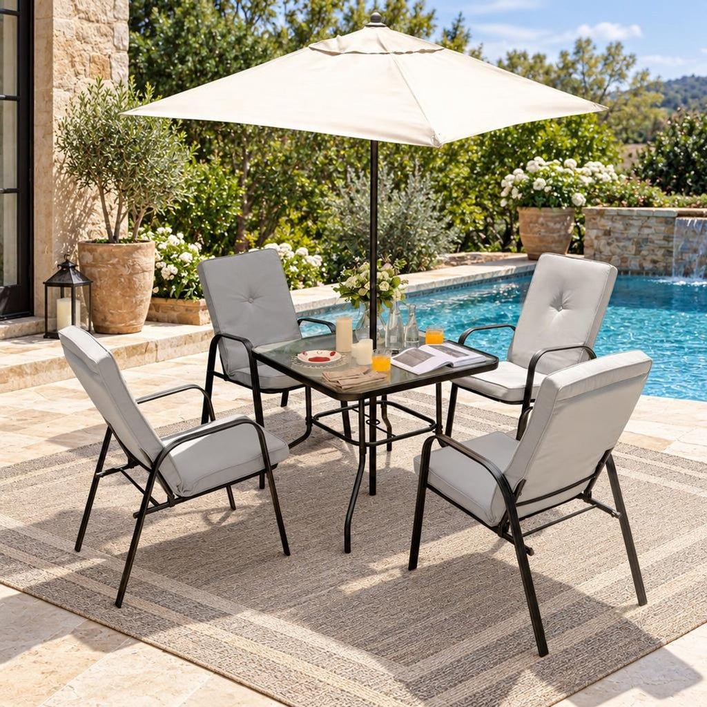Airfind 35 Inch Patio Dining Square Tempered Glass Table with Umbrella Hole, 200 lbs Capacity, Steel tempered glass Frame, Black