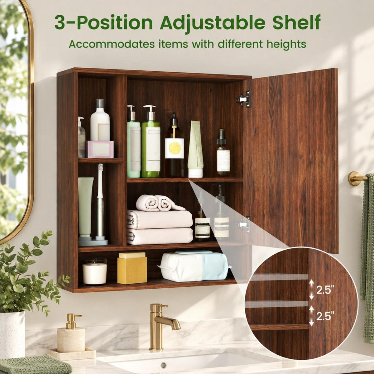 Airfind Wall Mounted Bathroom Cabinet with Mirror Single Door, 176 lbs Capacity, Glass MDF Engineered Wood Frame, 21.5 Inch x 6.5 Inch x 24 Inch Footprint