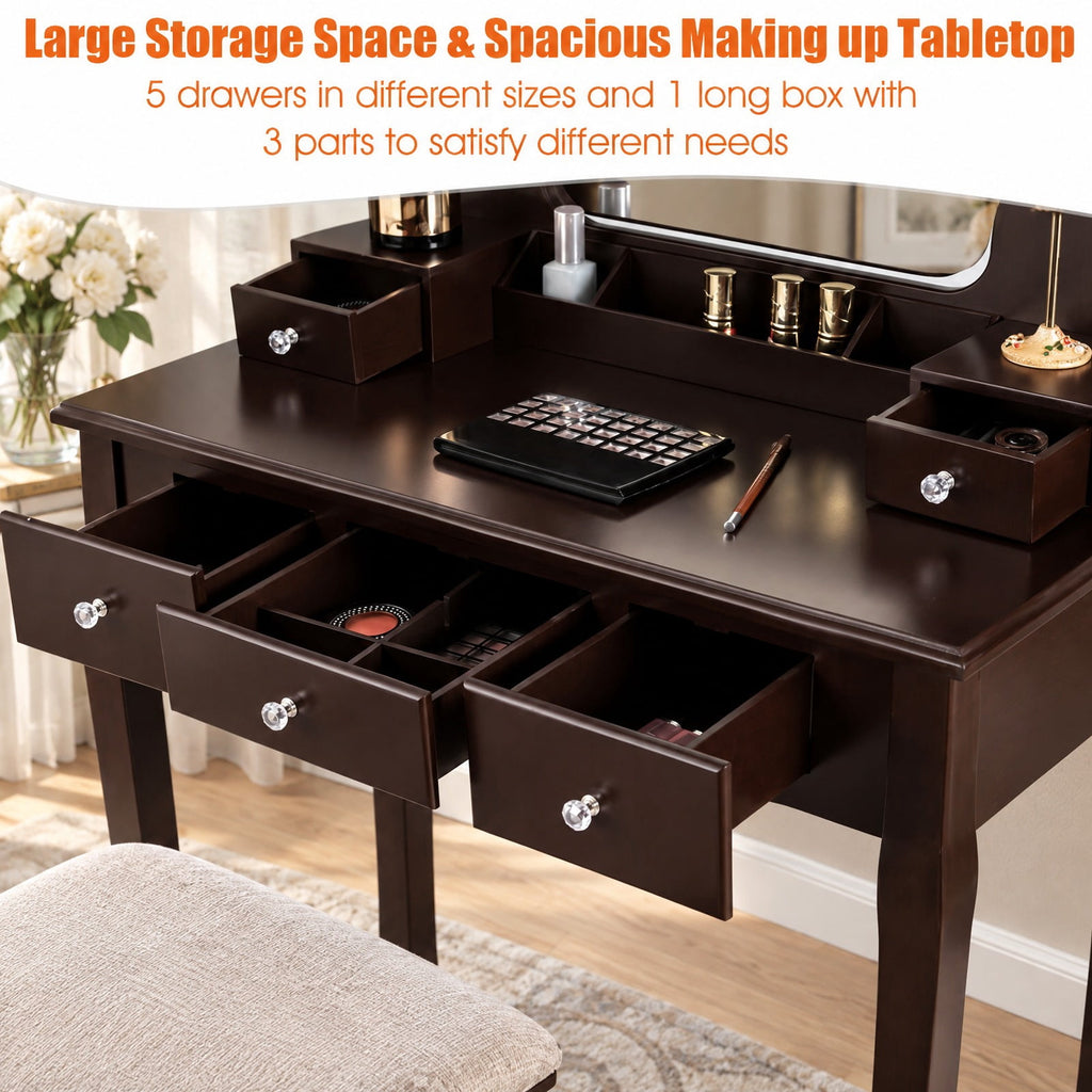 Airfind Vanity Dressing Table featuring 10 Dimmable Bulbs and Cushioned Stool, 220 lbs Capacity, MDF Pine Frame, 31.5 Inch x 16 Inch x 53 Inch Footprint, Brown