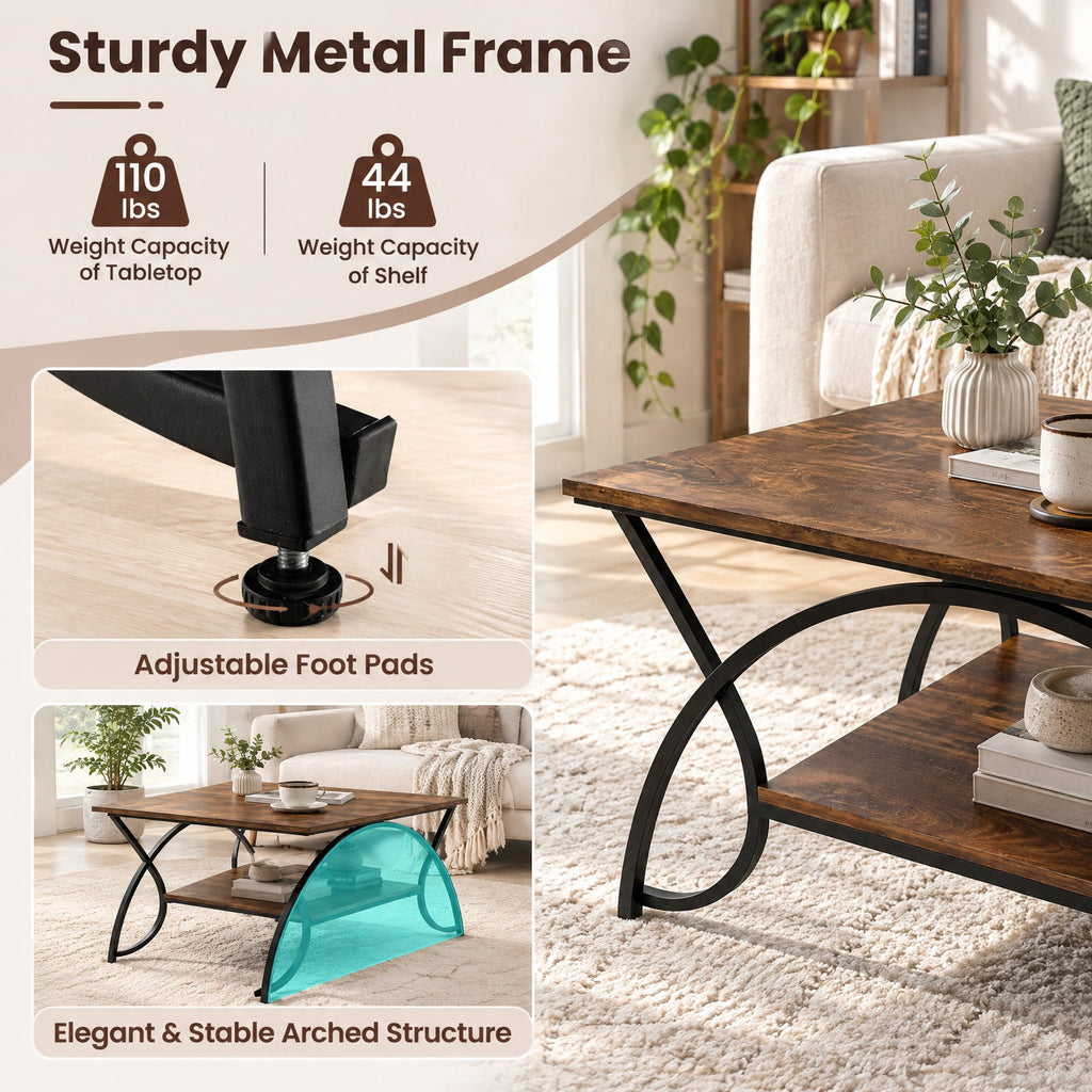 Airfind 2-Tier wood grain Coffee Table with wood grain top and Metal Frame, 110 lbs Capacity, Engineered wood steel Frame, Coffee