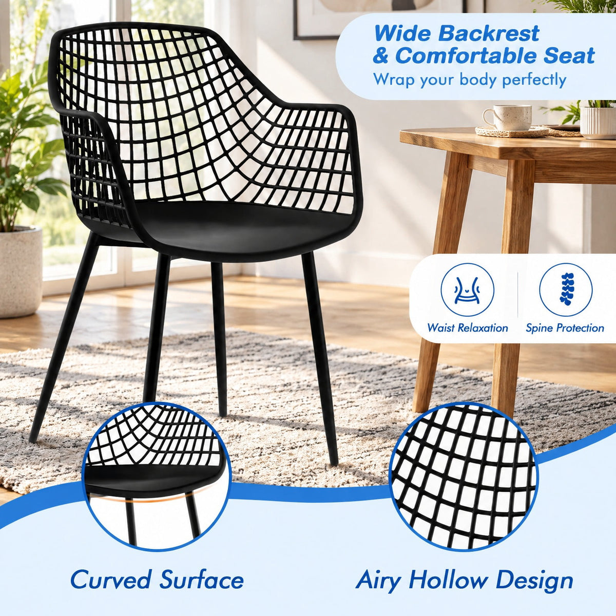 Airfind Set of 4 Heavy Duty Modern Dining Chair featuring Airy Hollow Backrest, 265 lbs Capacity, PVC Frame, 22.5 Inch x 21 Inch x 34 Inch Footprint, Black