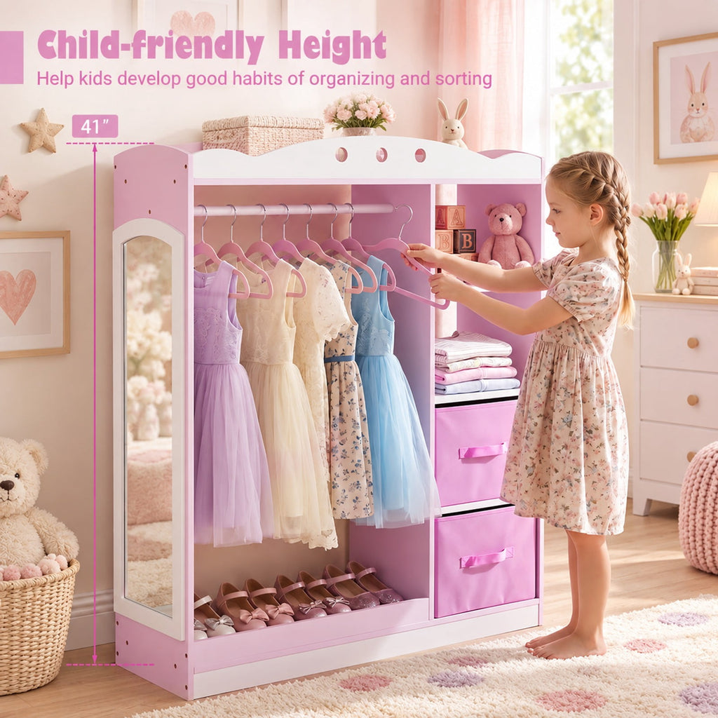 Airfind Kids Dress Up Storage with Full Length Mirror and Open Shelves, Engineered Wood Frame, for 3+ Years Old, 35.5in x 12in x 44in Footprint, Pink