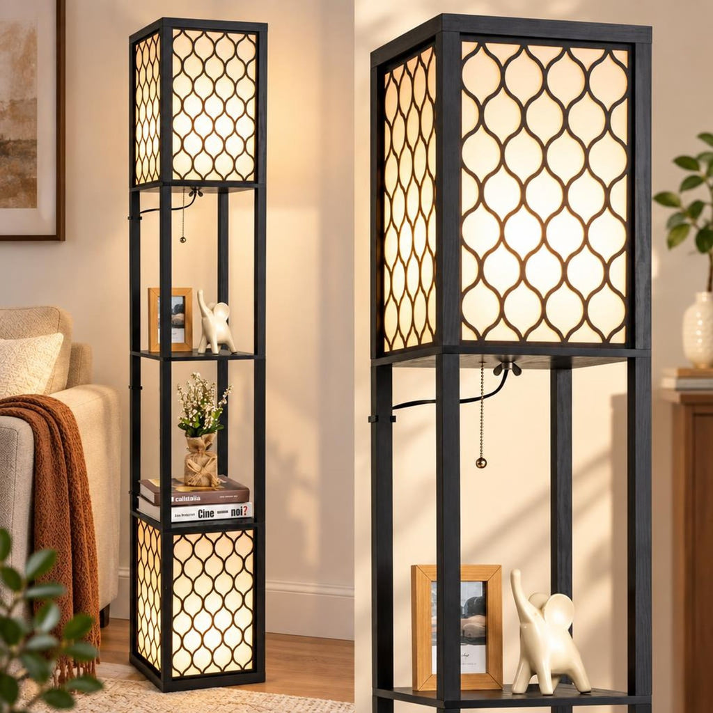 Airfind Modern Shelf Freestanding Floor Lamp with Double Lamp Pull Chain and Foot Switch, MDF Frame, 10in x 10in x 62in Footprint, Black+ White