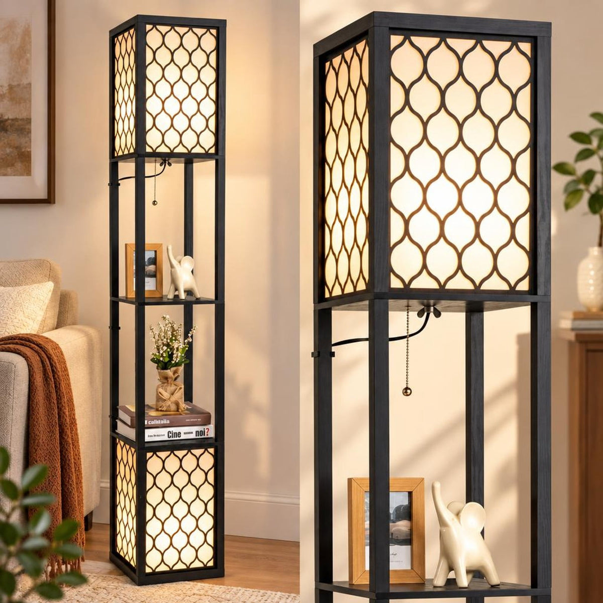 Airfind Modern Shelf Freestanding Floor Lamp with Double Lamp Pull Chain and Foot Switch, MDF Frame, 10in x 10in x 62in Footprint, Black+ White