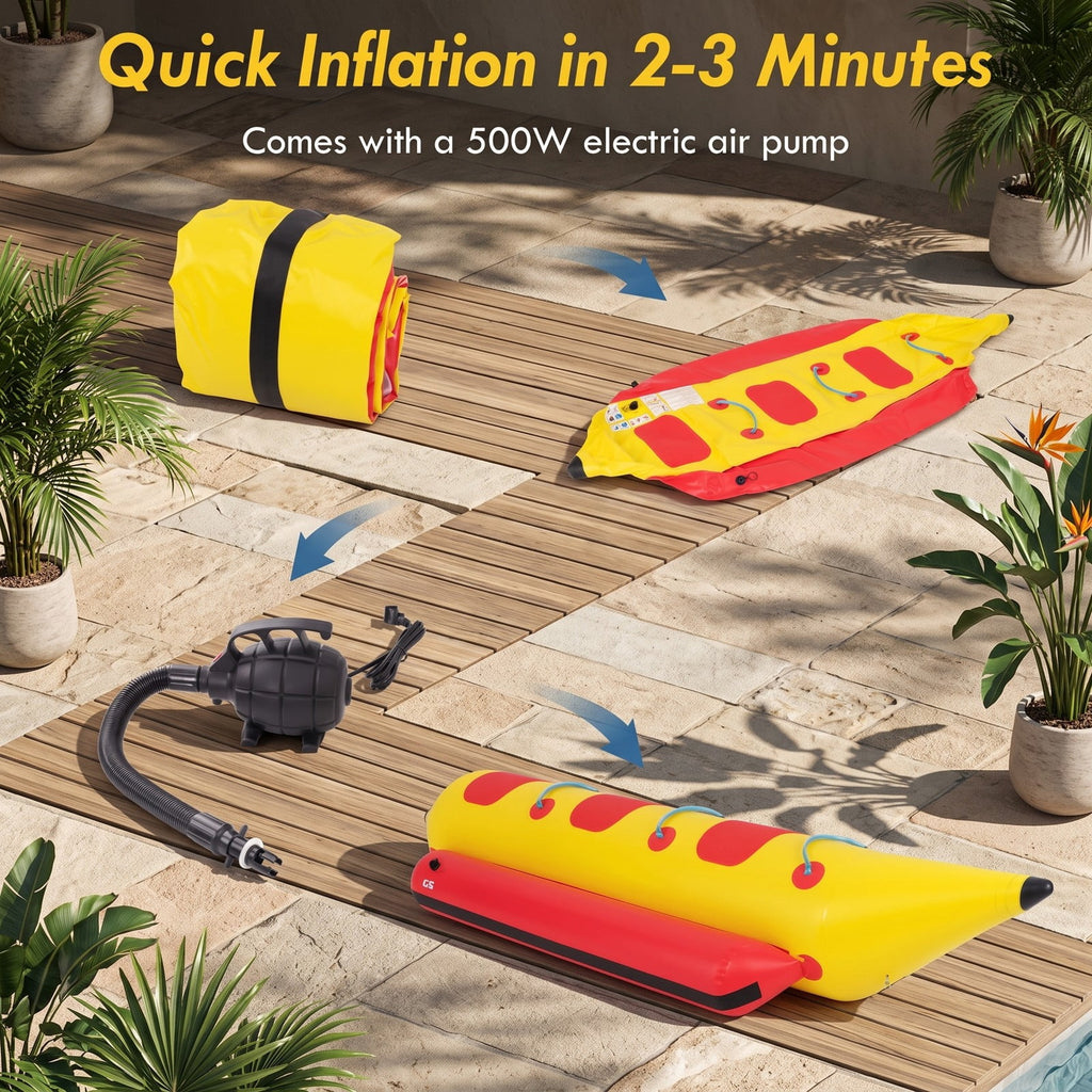 Airfind 3 Person Inflatable Banana Boat with Electric Air Pump Carrying Bag and Repair Kit for Lake and Sea Towing, Red and Yellow