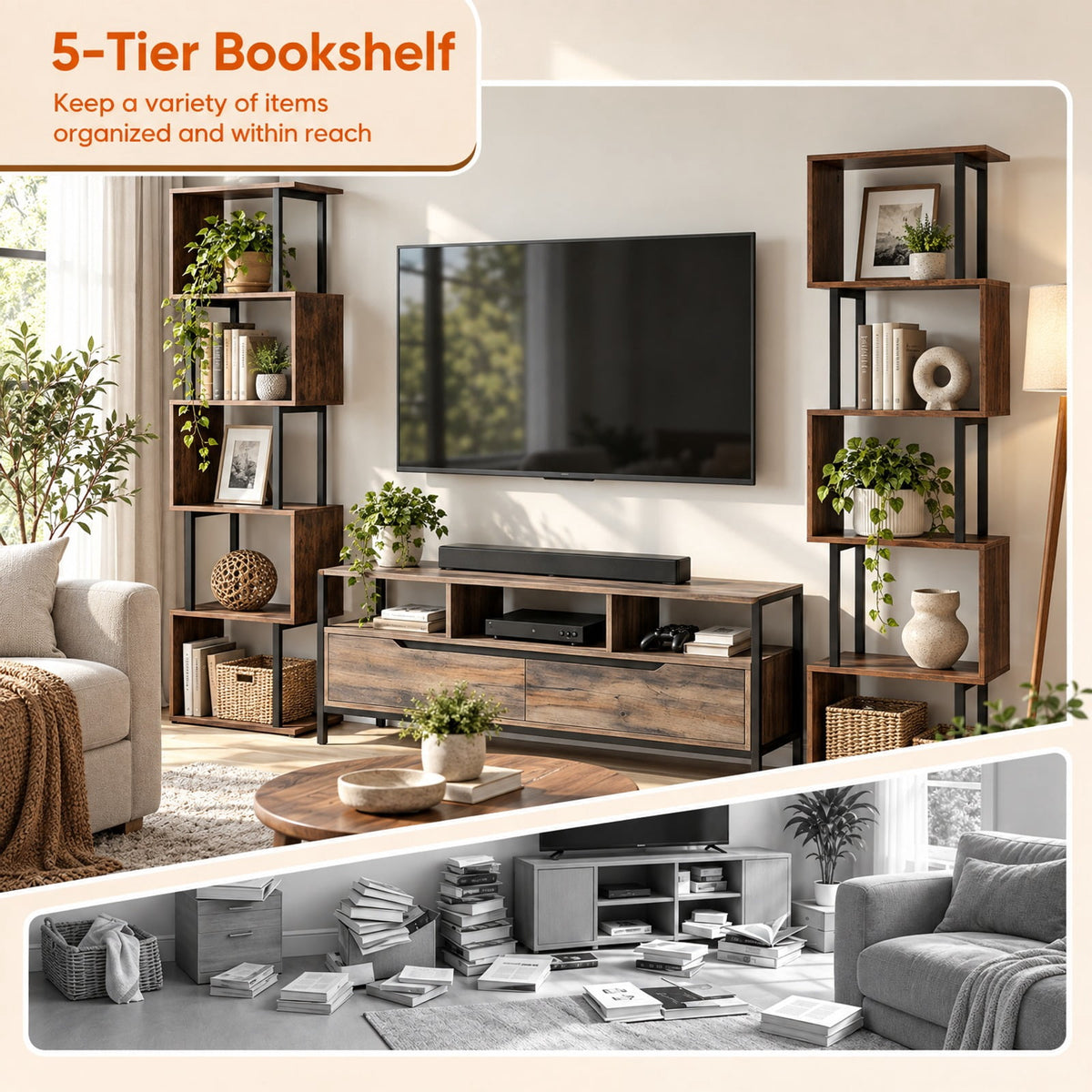 Airfind 5-Tier S-Shaped Bookshelf w/ Open Cubes Anti-toppling Kits for Living Room, 22 lbs Capacity, Engineered Wood Frame, Brown