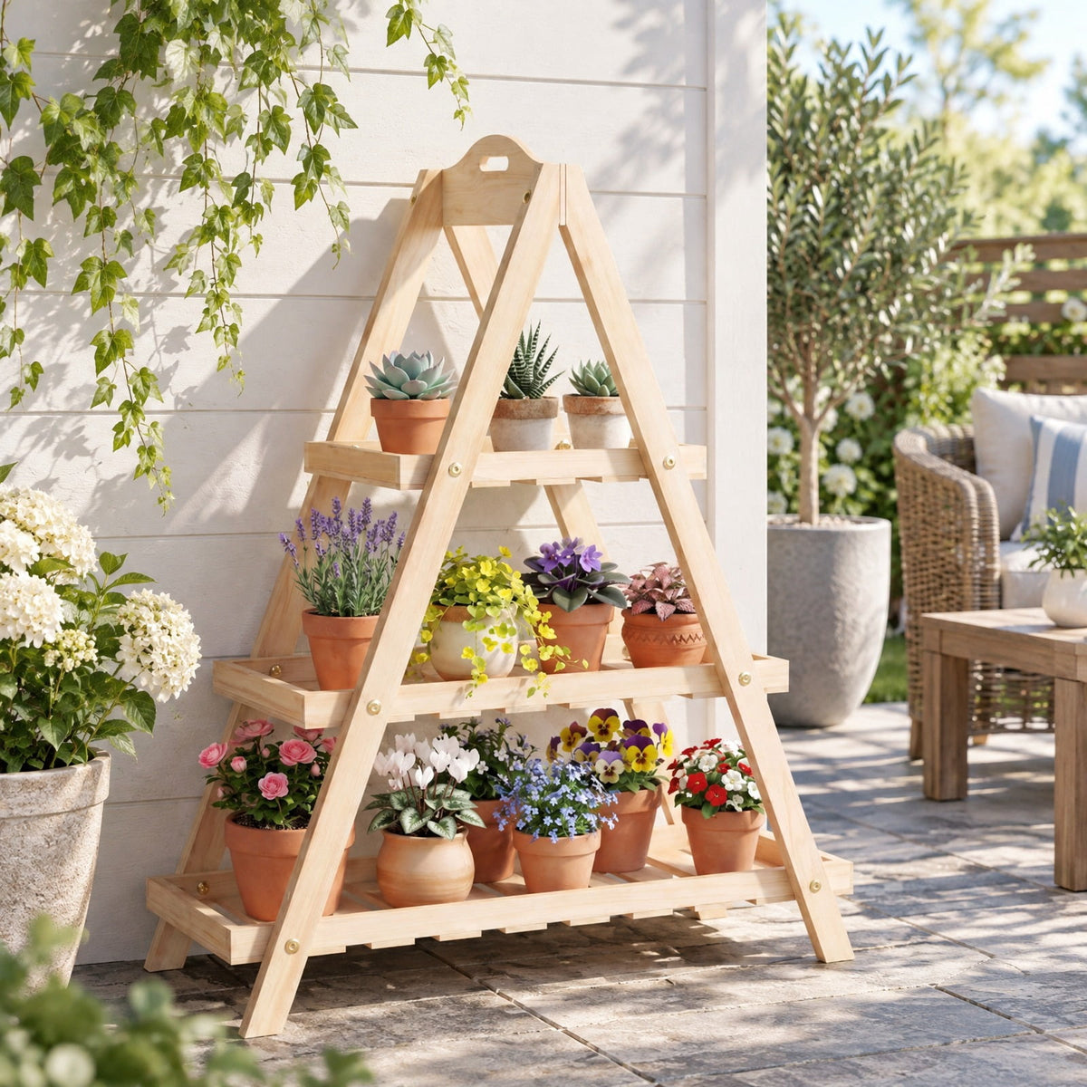 Airfind 3-Tier Plant Stand Flower Pot Display Shelf, Shelf 11 lbs Total Capacity, Fir Wood Frame, 23 x 10 x 28.5 Footprint, Natural