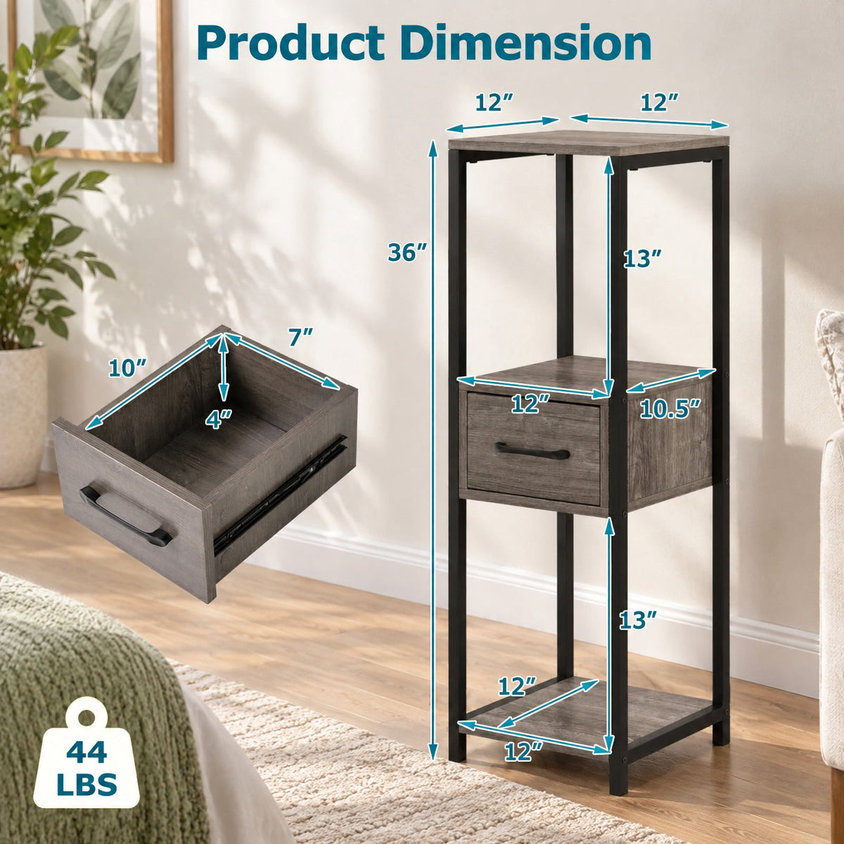 AIRFIND Plant Stand with Three Display Tiers and Storage Drawer, Tall Metal Frame Shelf for Potted Plants, 12 x 12 x 36 in, Gray and Black