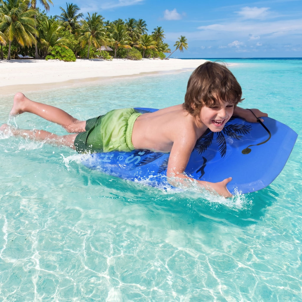 Airfind 33 Inch Ultra-Light IXPE Bodyboard for Kids ¡ª Cool-Touch Deck, EPS Core, HDPE Slick Bottom, Crescent Tail, Coiled Wrist Leash (Blue)