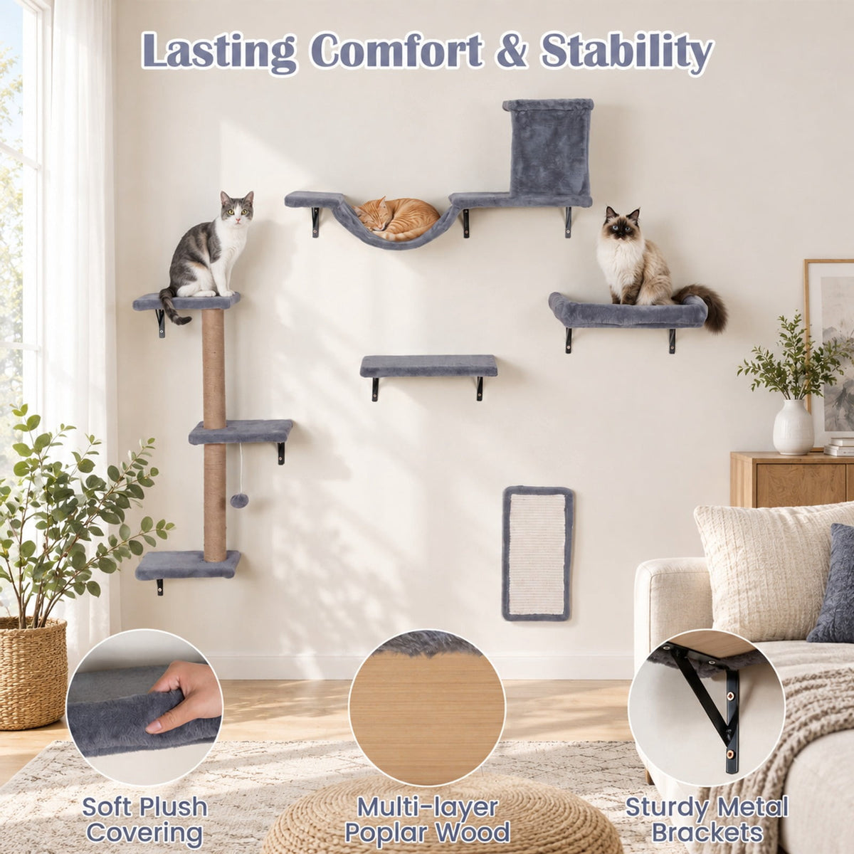 Airfind 5-in-1 Cat Wall Shelves with Condo Bridge Perch Platform Scratching Post and Board for Indoor, 22 lbs Capacity, Gray