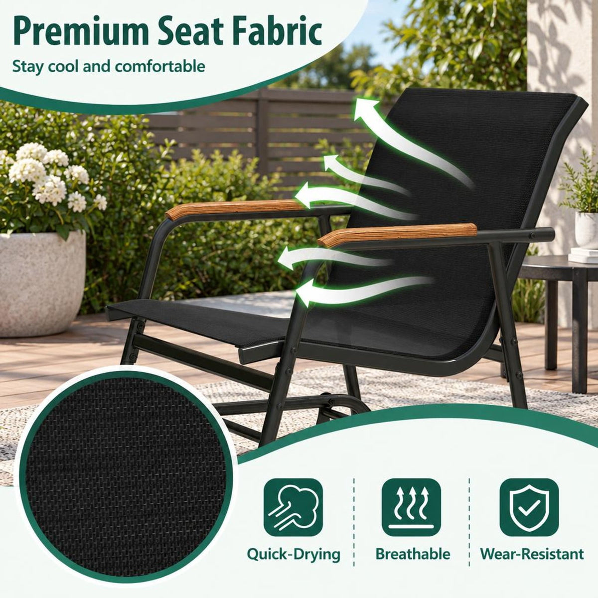 Airfind 3-Piece Outdoor Glider Bistro Set with Tempered Glass Top and Metal Frame, 22 x 18Weight Footprint, Black