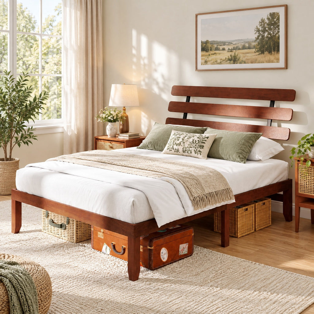 Airfind Queen Size Bed Frame 15.5 Inch Solid Wood Platform Bed with Retro Headboard, 550 lbs Capacity, Plywood Rubber Wood Metal Frame, Wood