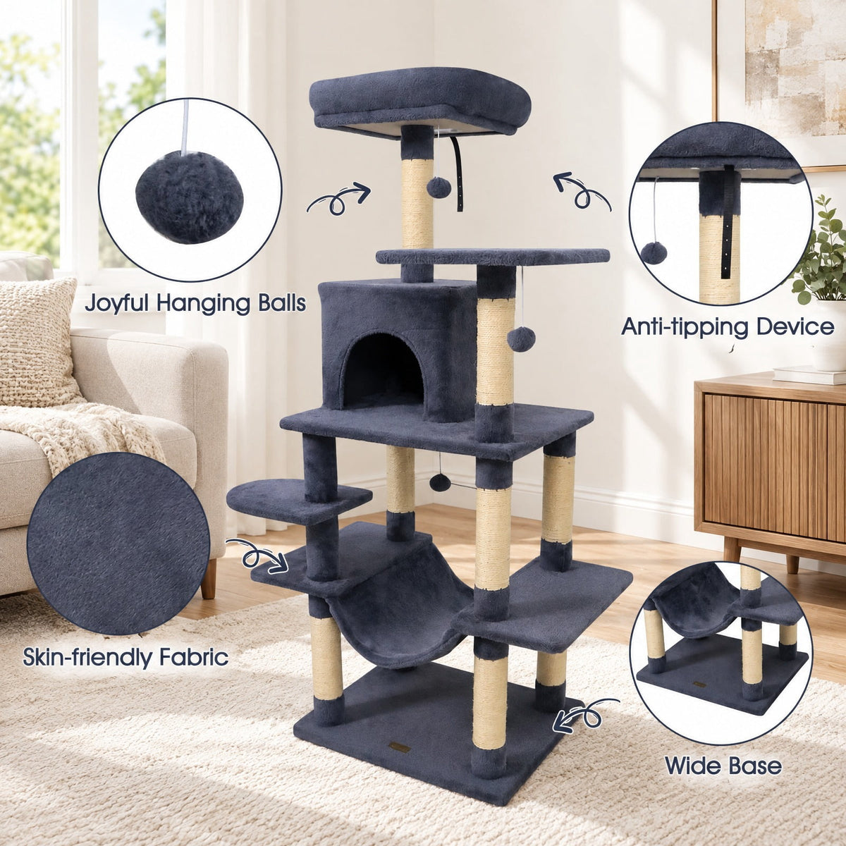 Airfind 58 Multi-Level Cat Tree Soft Plush Cat Tower with Padded Top Perch, PP Cotton Fabric Sisal Engineered Wood Overall Height 58 Base Frame