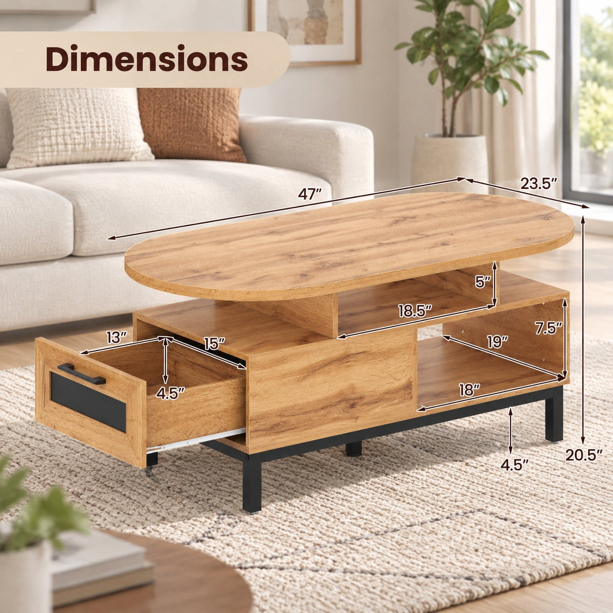 Airfind 47 Inch Oval Coffee Table with Storage and Open Compartments for Living Room, 110 lbs Capacity, Engineered Wood MDF Frame, Natural
